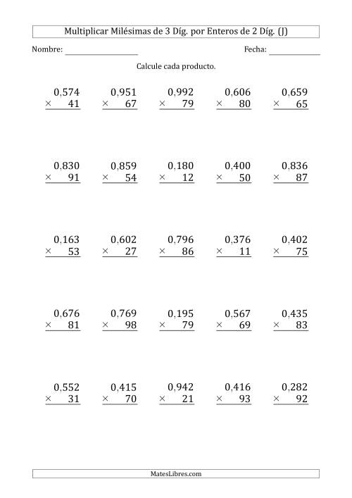 La hoja de ejercicios de Multiplicar Milésimas de 3 Díg. por Enteros de 2 Díg. (J)