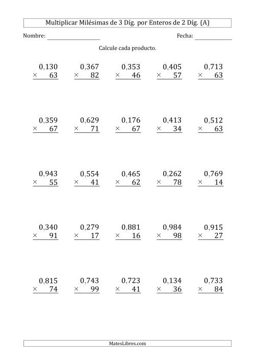 La hoja de ejercicios de Multiplicar Milésimas de 3 Díg. por Enteros de 2 Díg. (Todas)