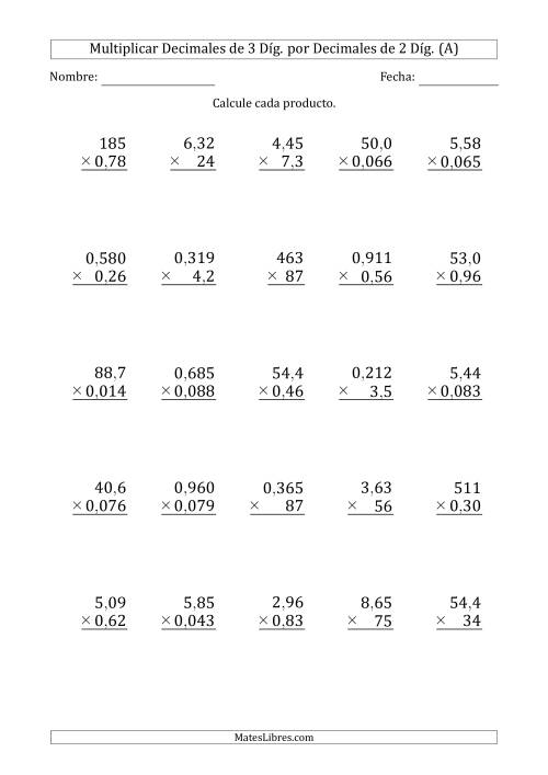 La hoja de ejercicios de Multiplicar Decimales de 3 Díg. por Decimales de 2 Díg. (A)