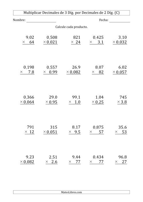La hoja de ejercicios de Multiplicar Decimales de 3 Díg. por Decimales de 2 Díg. (C)
