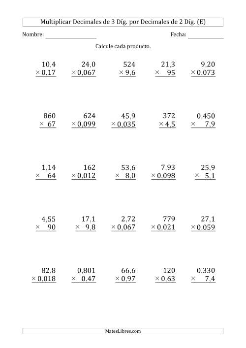 La hoja de ejercicios de Multiplicar Decimales de 3 Díg. por Decimales de 2 Díg. (E)