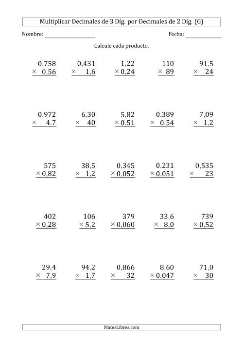 La hoja de ejercicios de Multiplicar Decimales de 3 Díg. por Decimales de 2 Díg. (G)