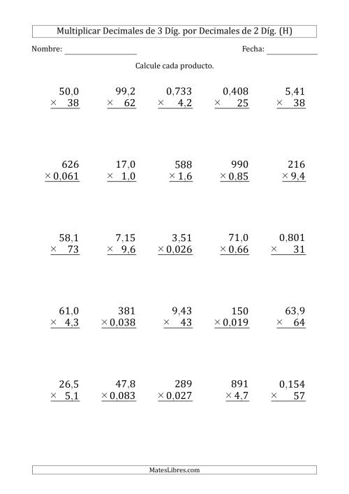 La hoja de ejercicios de Multiplicar Decimales de 3 Díg. por Decimales de 2 Díg. (H)