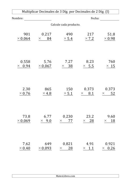 La hoja de ejercicios de Multiplicar Decimales de 3 Díg. por Decimales de 2 Díg. (I)