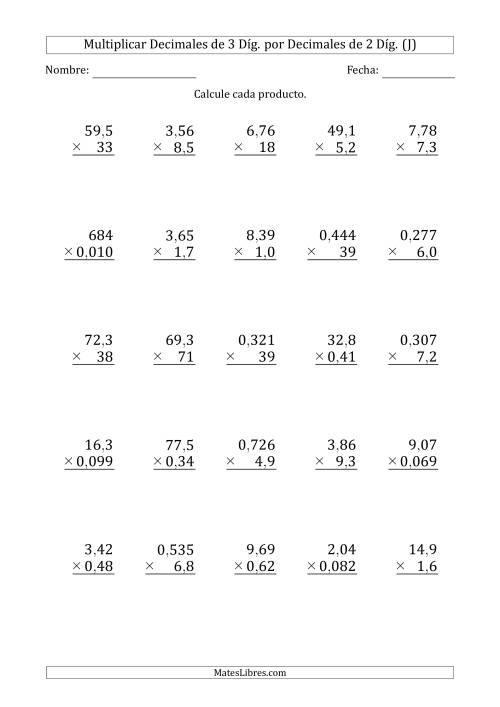 La hoja de ejercicios de Multiplicar Decimales de 3 Díg. por Decimales de 2 Díg. (J)