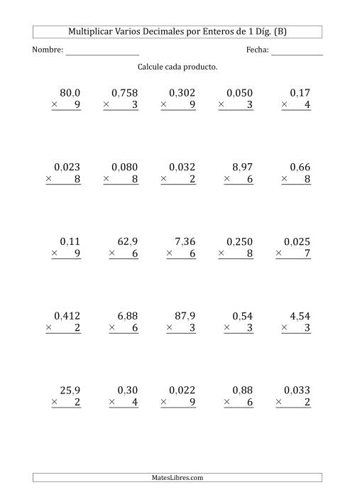 La hoja de ejercicios de Multiplicar Varios Decimales por Enteros de 1 Díg. (B)
