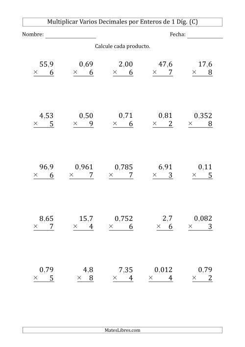 La hoja de ejercicios de Multiplicar Varios Decimales por Enteros de 1 Díg. (C)