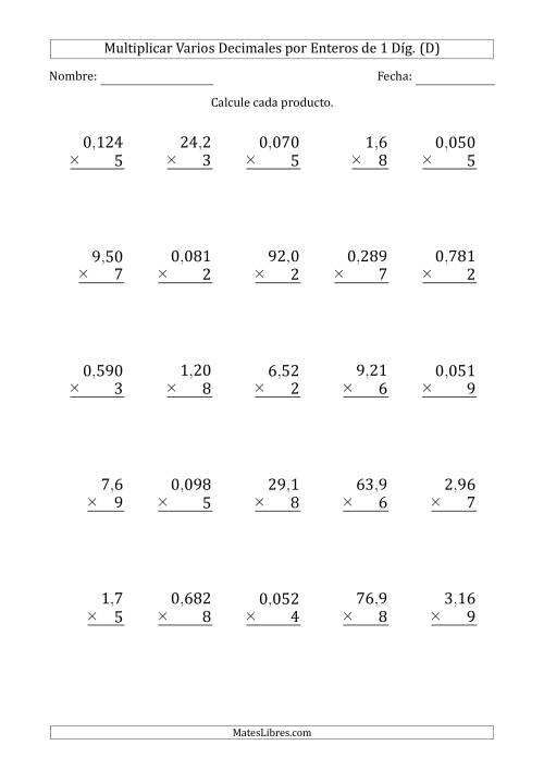 La hoja de ejercicios de Multiplicar Varios Decimales por Enteros de 1 Díg. (D)