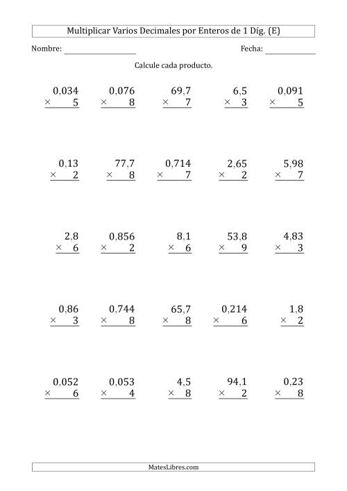 La hoja de ejercicios de Multiplicar Varios Decimales por Enteros de 1 Díg. (E)