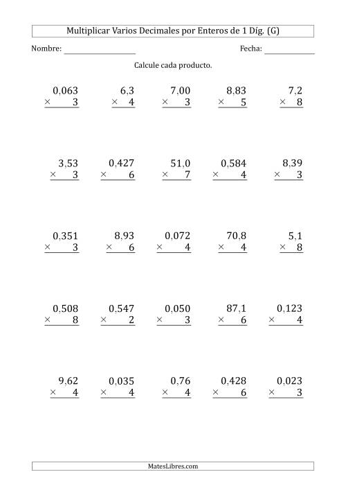La hoja de ejercicios de Multiplicar Varios Decimales por Enteros de 1 Díg. (G)