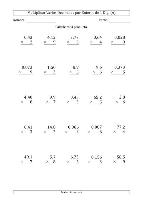 La hoja de ejercicios de Multiplicar Varios Decimales por Enteros de 1 Díg. (Todas)