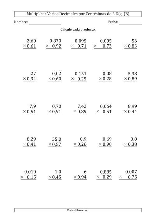 La hoja de ejercicios de Multiplicar Varios Decimales por Centésimas de 2 Díg. (B)