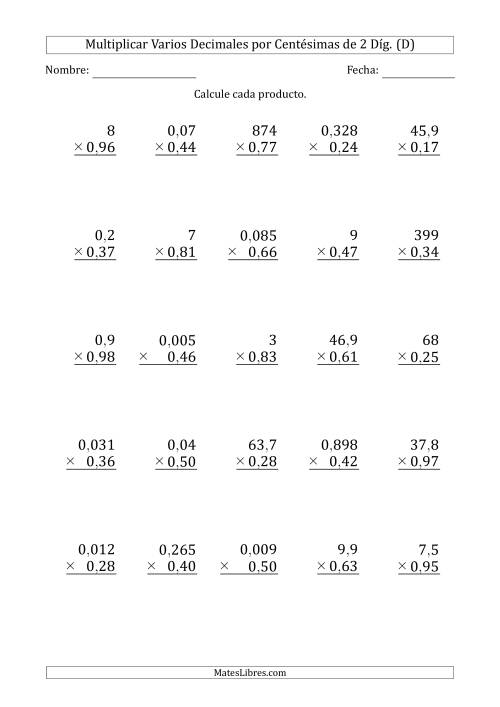 La hoja de ejercicios de Multiplicar Varios Decimales por Centésimas de 2 Díg. (D)