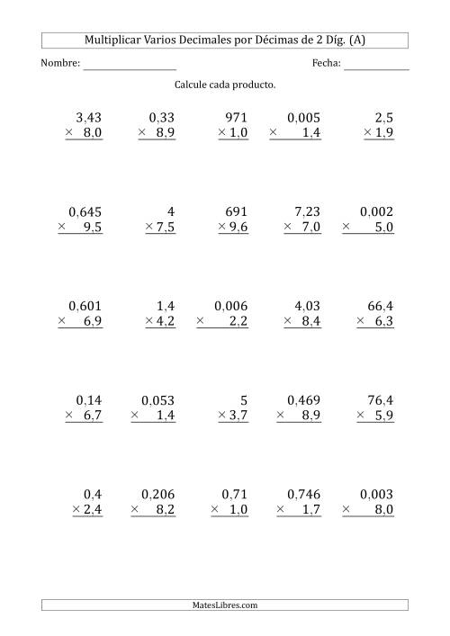 La hoja de ejercicios de Multiplicar Varios Decimales por Décimas de 2 Díg. (A)