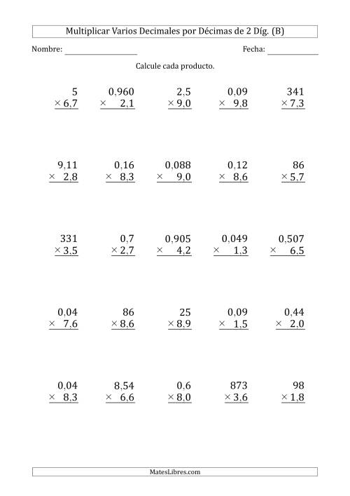 La hoja de ejercicios de Multiplicar Varios Decimales por Décimas de 2 Díg. (B)