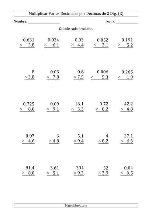 La hoja de ejercicios de Multiplicar Varios Decimales por Décimas de 2 Díg. (E)