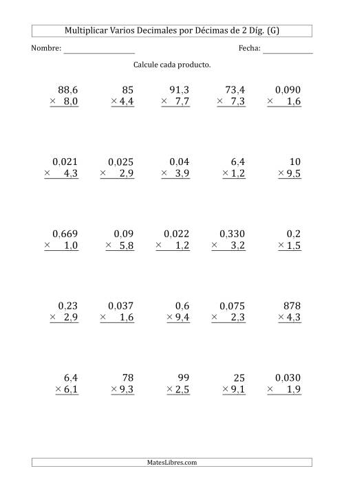 La hoja de ejercicios de Multiplicar Varios Decimales por Décimas de 2 Díg. (G)