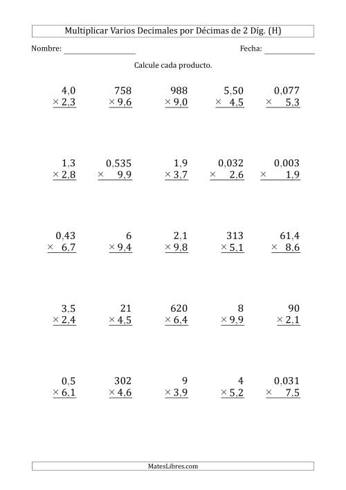 La hoja de ejercicios de Multiplicar Varios Decimales por Décimas de 2 Díg. (H)