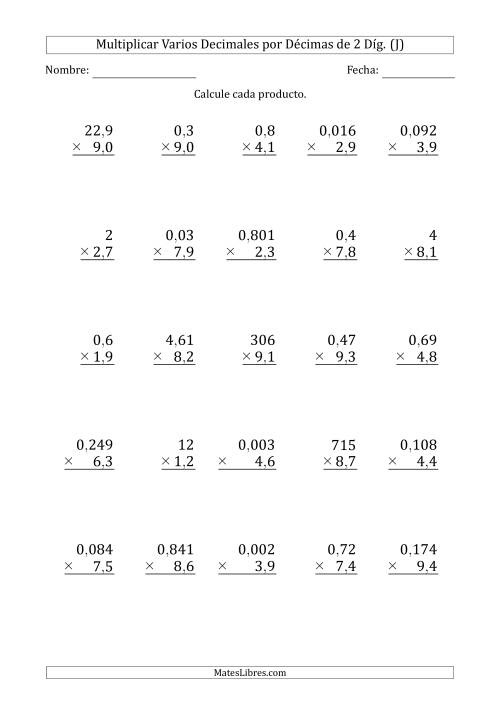 La hoja de ejercicios de Multiplicar Varios Decimales por Décimas de 2 Díg. (J)