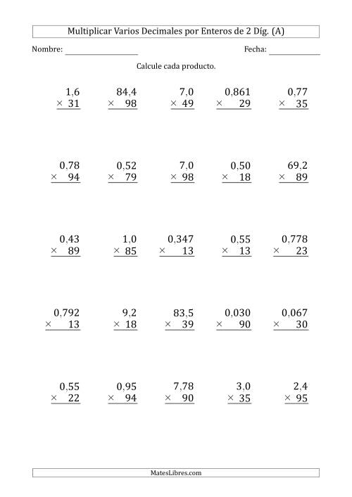 La hoja de ejercicios de Multiplicar Varios Decimales por Enteros de 2 Díg. (A)