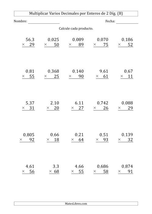 La hoja de ejercicios de Multiplicar Varios Decimales por Enteros de 2 Díg. (B)