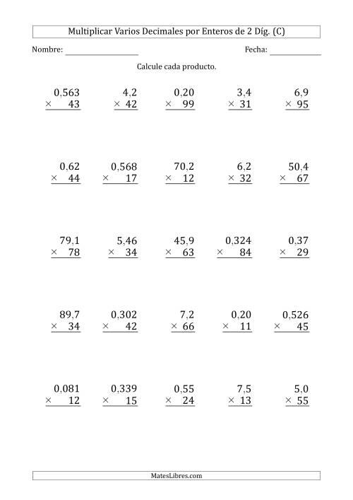 La hoja de ejercicios de Multiplicar Varios Decimales por Enteros de 2 Díg. (C)