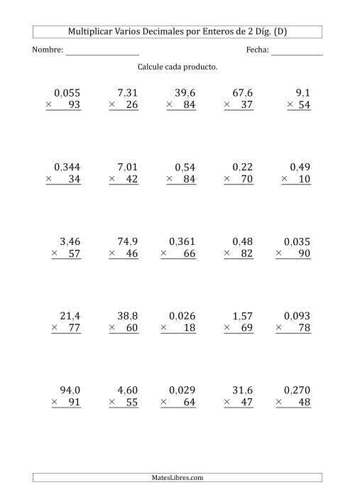 La hoja de ejercicios de Multiplicar Varios Decimales por Enteros de 2 Díg. (D)