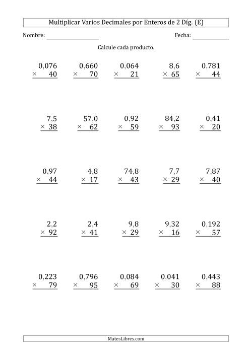 La hoja de ejercicios de Multiplicar Varios Decimales por Enteros de 2 Díg. (E)