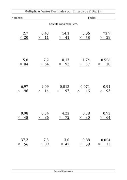 La hoja de ejercicios de Multiplicar Varios Decimales por Enteros de 2 Díg. (F)