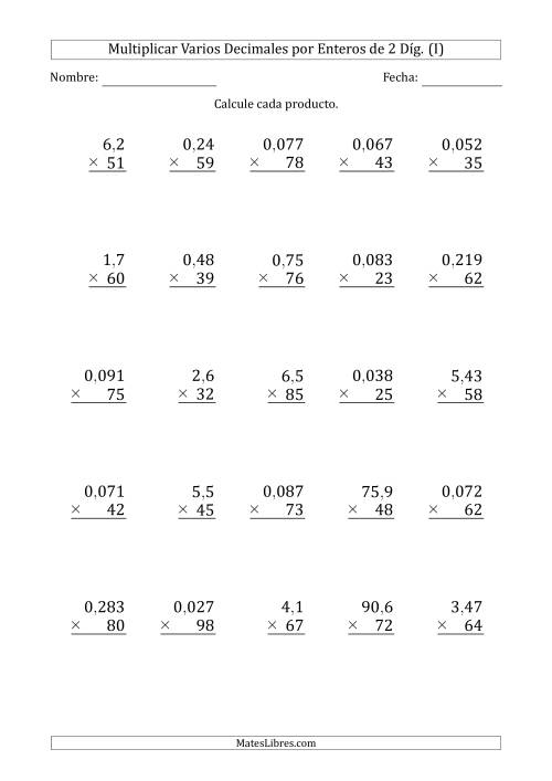 La hoja de ejercicios de Multiplicar Varios Decimales por Enteros de 2 Díg. (I)
