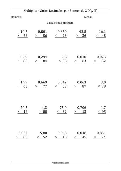 La hoja de ejercicios de Multiplicar Varios Decimales por Enteros de 2 Díg. (J)