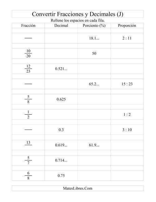 La hoja de ejercicios de Convertir Fracciones, Decimales, Porcientos y Proporciones (J)
