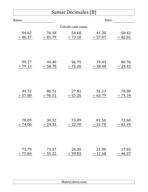La hoja de ejercicios de Sumar Centésimas con Dos Dígitos delante del Decimal (B)