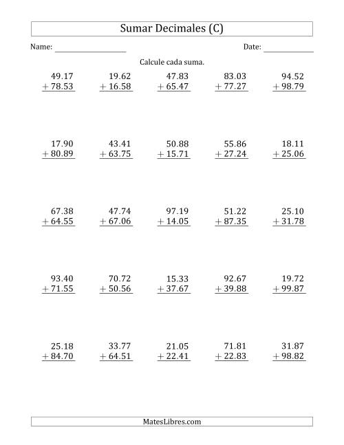 La hoja de ejercicios de Sumar Centésimas con Dos Dígitos delante del Decimal (C)