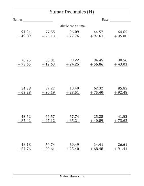 La hoja de ejercicios de Sumar Centésimas con Dos Dígitos delante del Decimal (H)