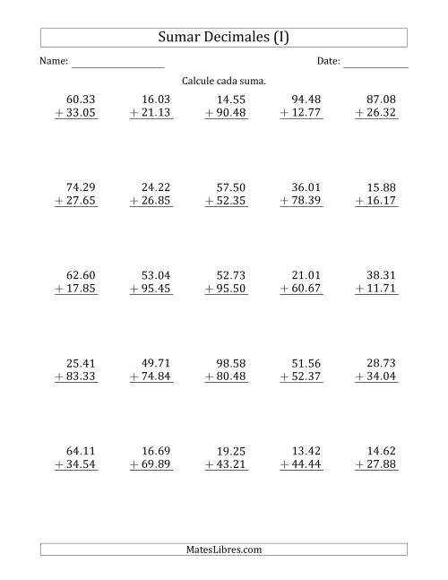La hoja de ejercicios de Sumar Centésimas con Dos Dígitos delante del Decimal (I)