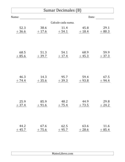 La hoja de ejercicios de Sumar Décimas con Dos Dígitos delante del Decimal (B)