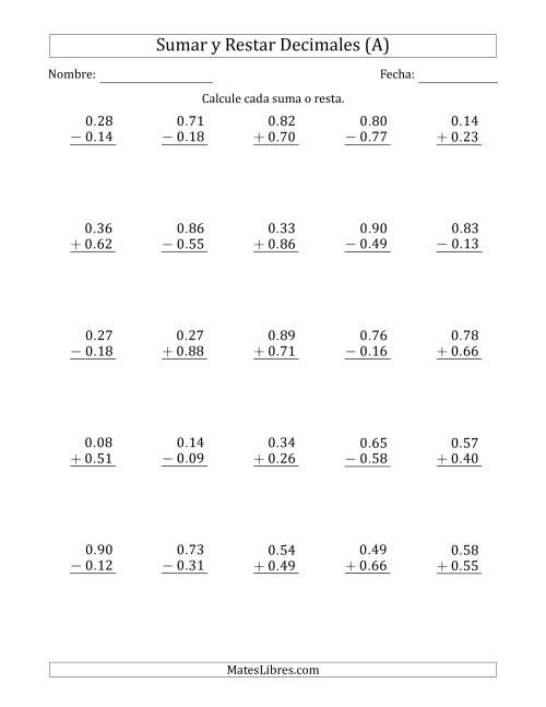 La hoja de ejercicios de Sumar y Restar Centésimas con 0 delante del Decimal (rango de 0.01 a 0.99) (A)