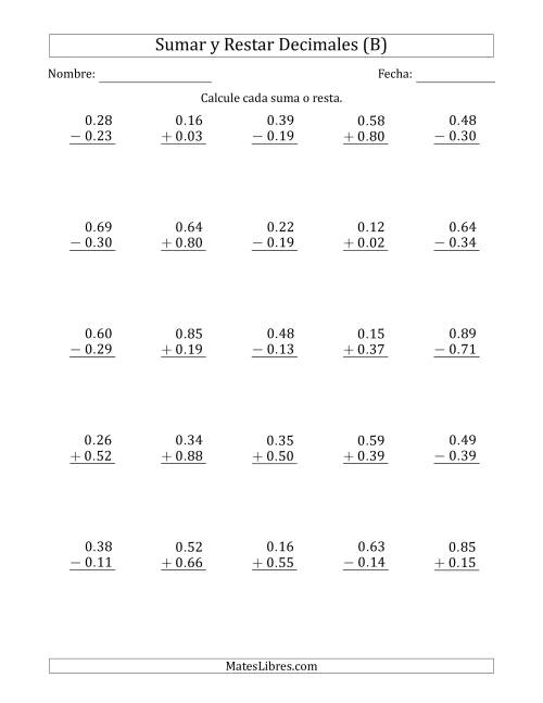 La hoja de ejercicios de Sumar y Restar Centésimas con 0 delante del Decimal (rango de 0.01 a 0.99) (B)