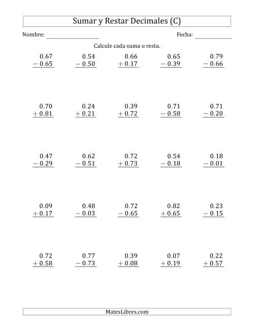 La hoja de ejercicios de Sumar y Restar Centésimas con 0 delante del Decimal (rango de 0.01 a 0.99) (C)