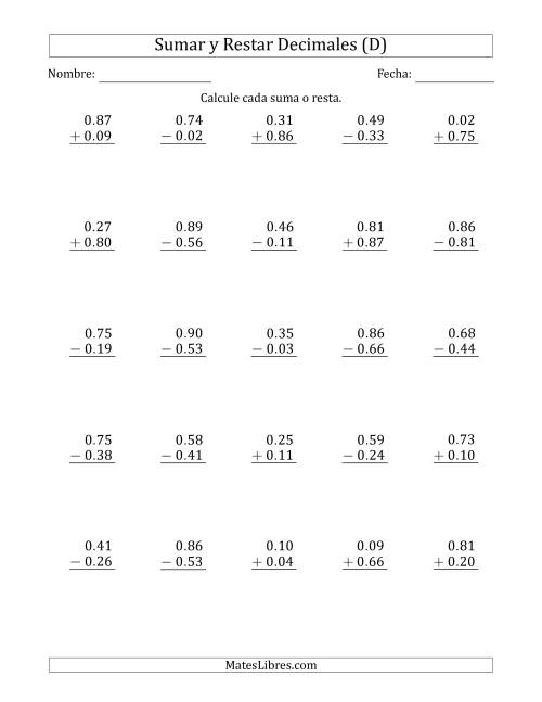 La hoja de ejercicios de Sumar y Restar Centésimas con 0 delante del Decimal (rango de 0.01 a 0.99) (D)