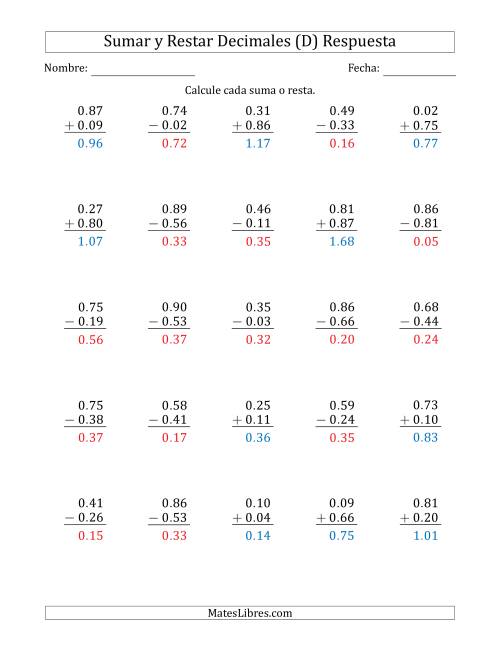 La hoja de ejercicios de Sumar y Restar Centésimas con 0 delante del Decimal (rango de 0.01 a 0.99) (D) Página 2