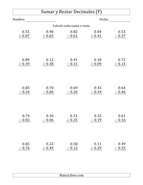 La hoja de ejercicios de Sumar y Restar Centésimas con 0 delante del Decimal (rango de 0.01 a 0.99) (F)