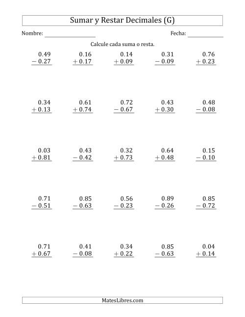 La hoja de ejercicios de Sumar y Restar Centésimas con 0 delante del Decimal (rango de 0.01 a 0.99) (G)