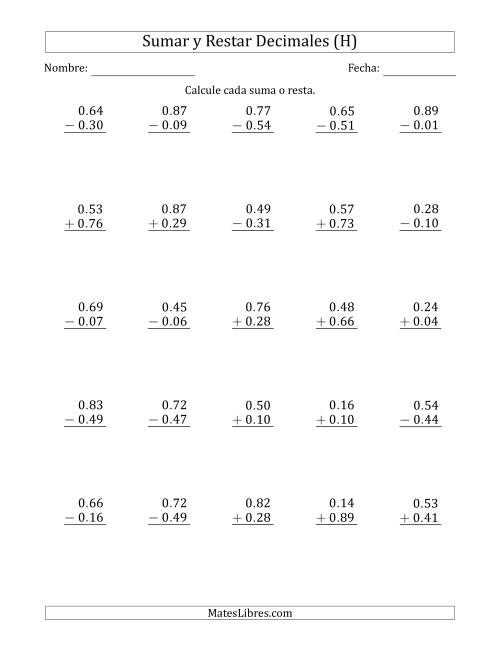 La hoja de ejercicios de Sumar y Restar Centésimas con 0 delante del Decimal (rango de 0.01 a 0.99) (H)