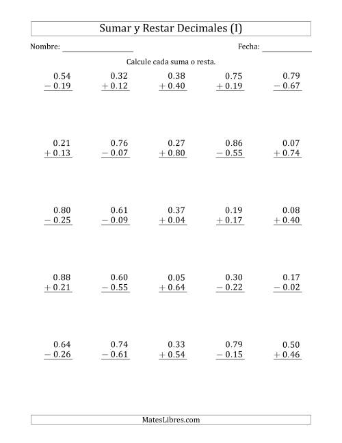 La hoja de ejercicios de Sumar y Restar Centésimas con 0 delante del Decimal (rango de 0.01 a 0.99) (I)