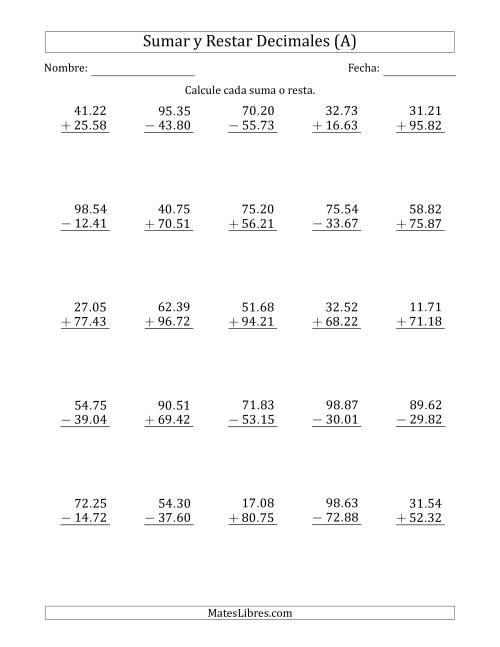 La hoja de ejercicios de Sumar y Restar Centésimas con Dos Dígitos delante del Decimal (rango de 10.01 a 99.99) (A)