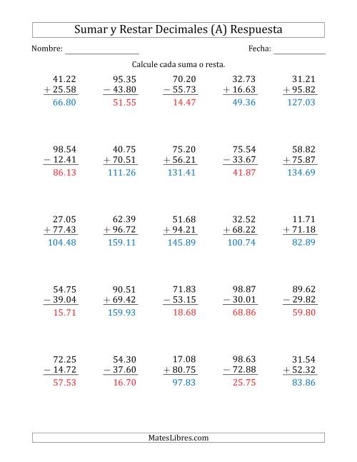 La hoja de ejercicios de Sumar y Restar Centésimas con Dos Dígitos delante del Decimal (rango de 10.01 a 99.99) (A) Página 2