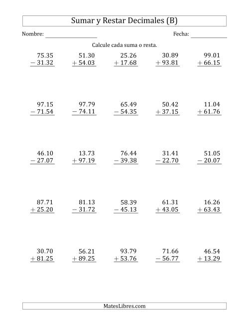 La hoja de ejercicios de Sumar y Restar Centésimas con Dos Dígitos delante del Decimal (rango de 10.01 a 99.99) (B)
