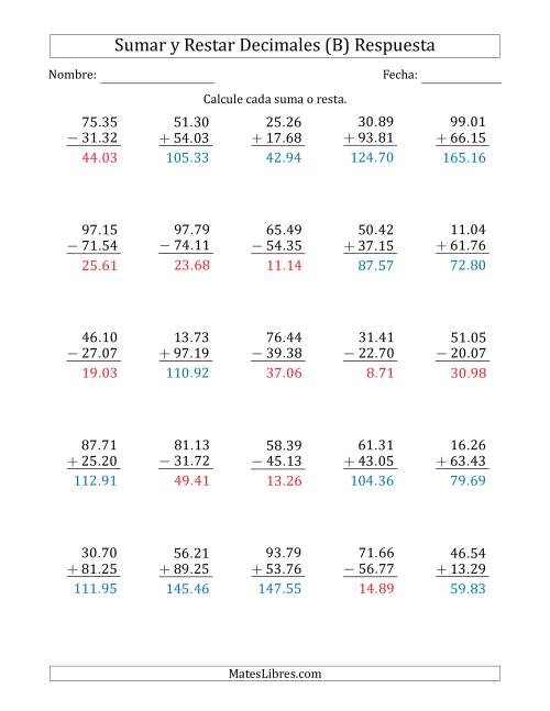 La hoja de ejercicios de Sumar y Restar Centésimas con Dos Dígitos delante del Decimal (rango de 10.01 a 99.99) (B) Página 2